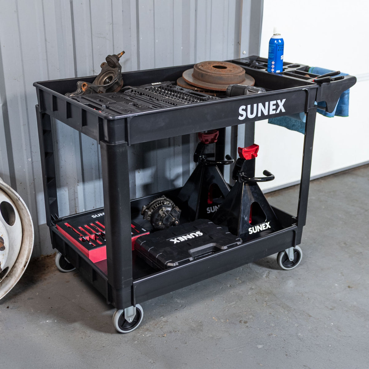 SUNEX Large Heavy-Duty 2-Shelf Utility Cart, Polypropylene, 500 lb Capacity