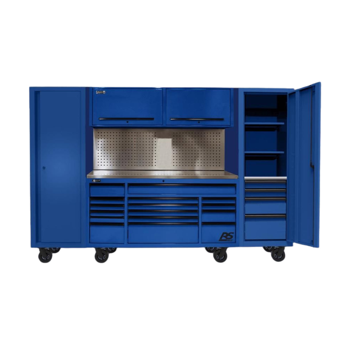 Homak 120" RS PRO CTS 24-Drawer Roller Cabinet & Side Locker Combo — Stainless Top, Solid Backsplash