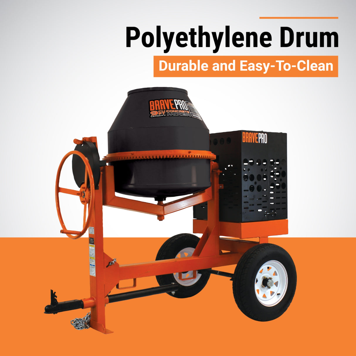 Brave Pro Gas Concrete Mixer 9 Cu Ft Poly Drum, Honda GX270