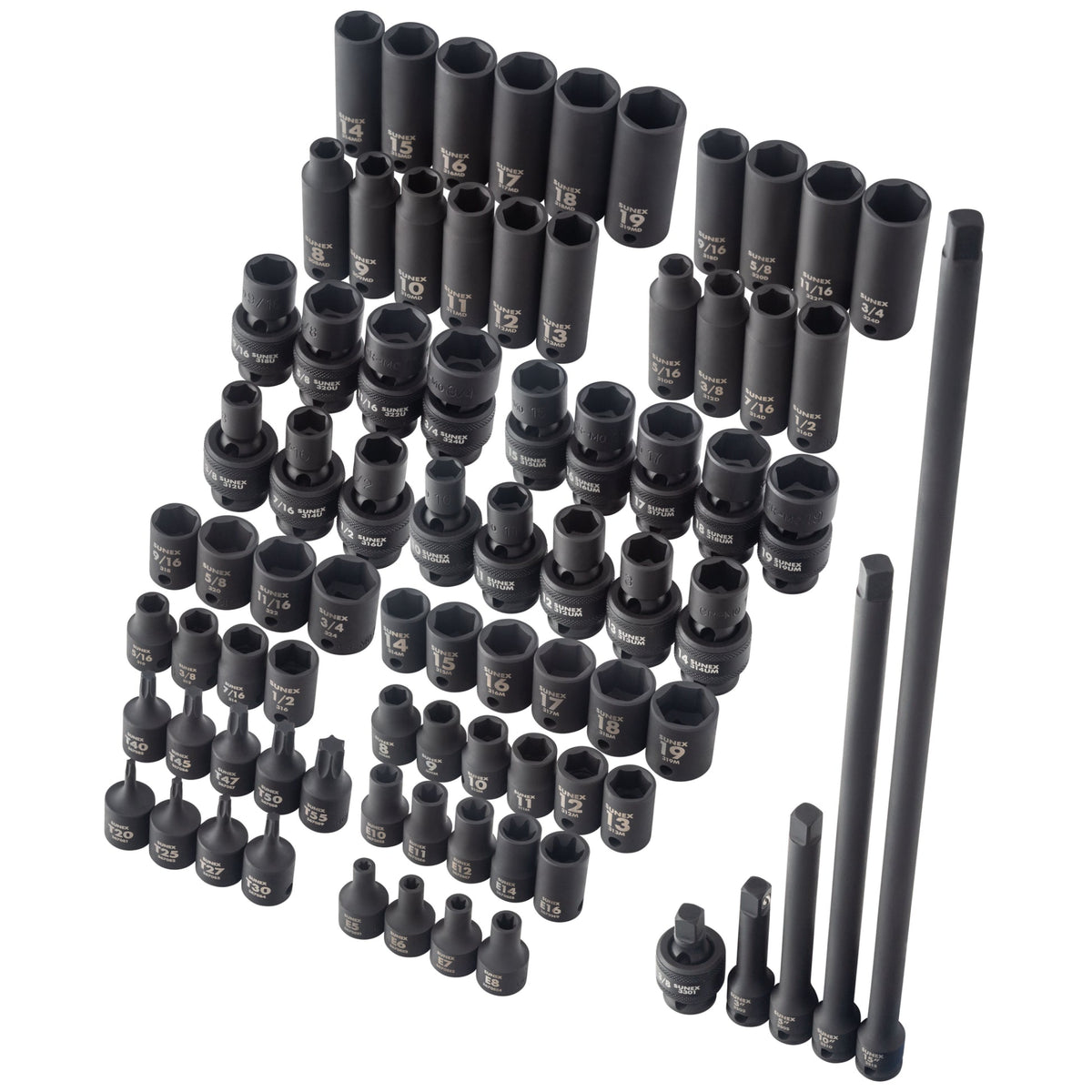 SUNEX 80-Piece 3/8" Drive SAE & Metric Master Impact Socket Set, Standard/Deep/Universal
