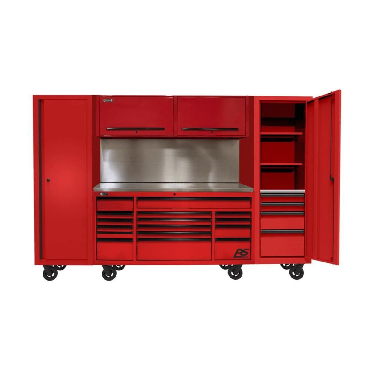 Homak 120" RS PRO CTS 24-Drawer Roller Cabinet & Side Locker Combo — Stainless Top, Toolboard Backsplash