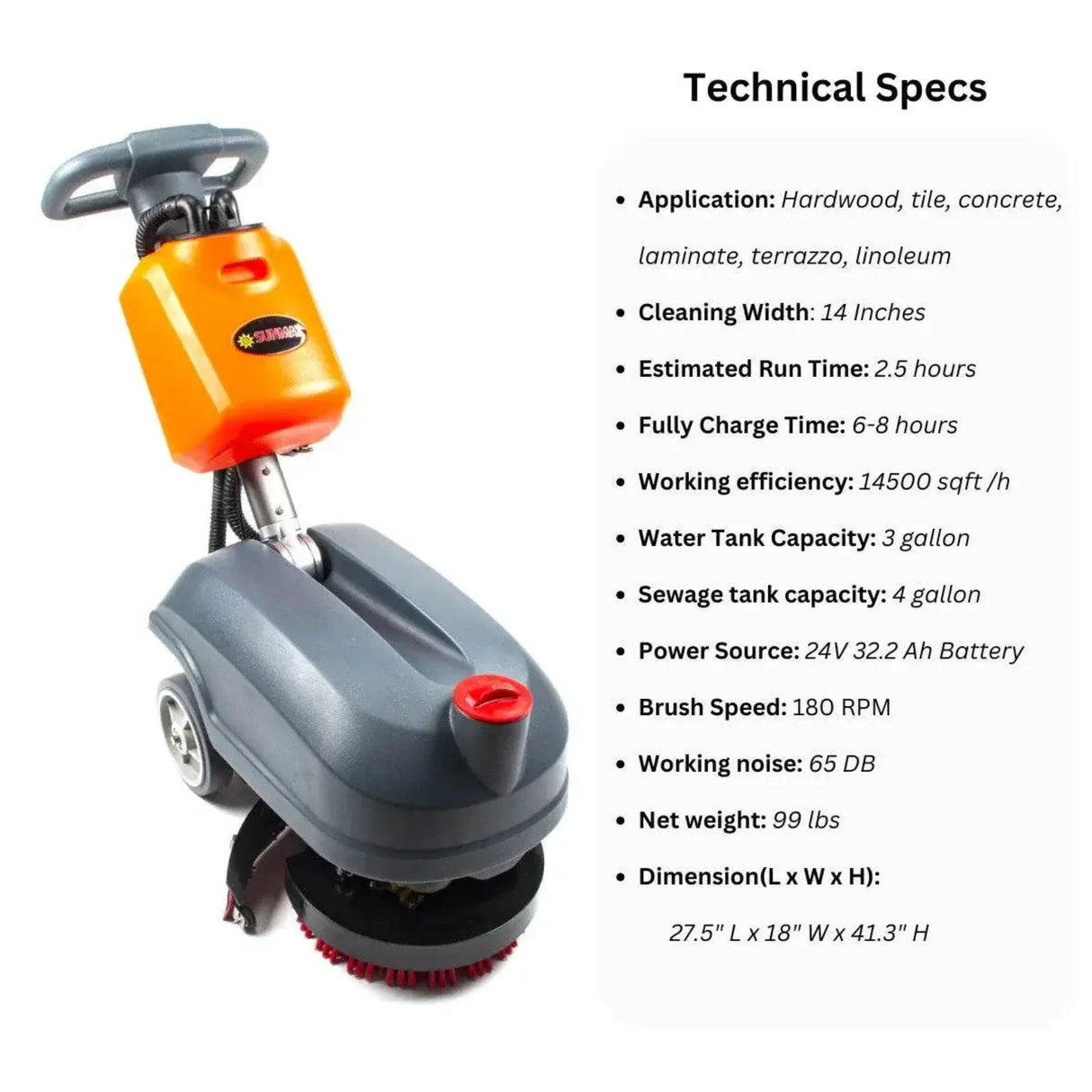Sunmax RT15 14" Battery Powered Commercial Walk-Behind Floor Scrubber