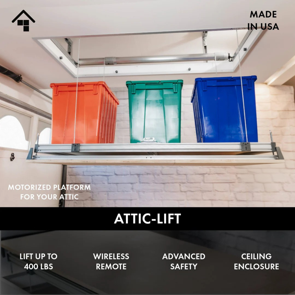 Auxx-Lift Attic-Lift Motorized Attic Storage Platform Lift – Up to 400 lb Through-Ceiling Lift with Wireless Remote, Assembled in USA