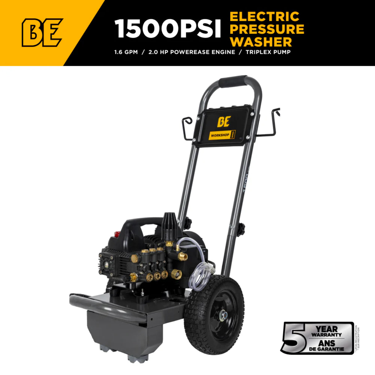 BE Power 1,500 PSI 1.6 GPM Workshop Electric Pressure Washer