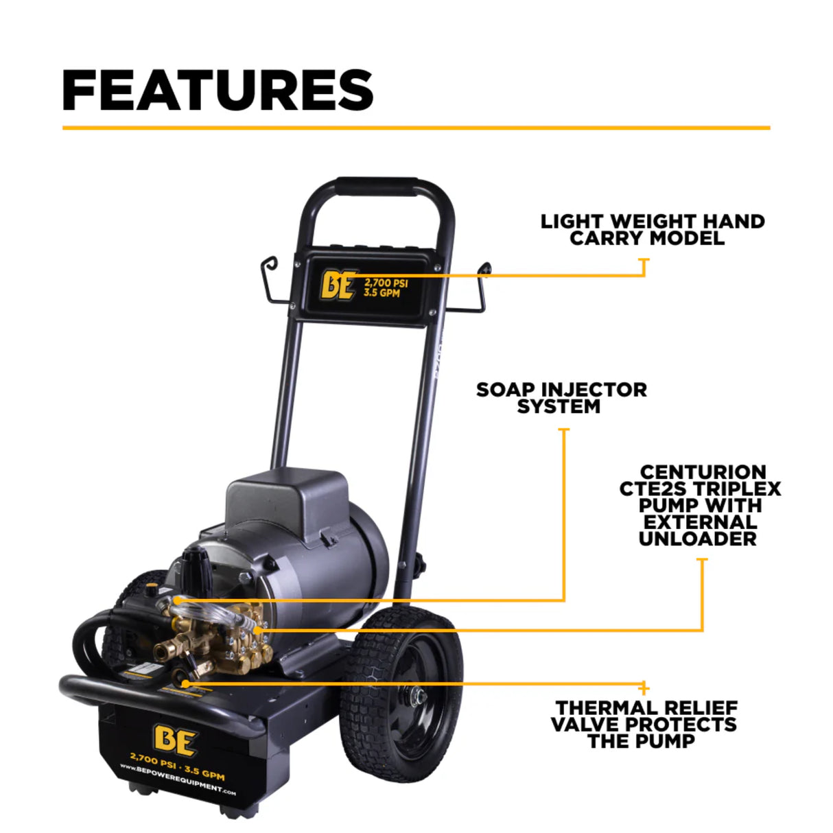 BE Power 2,700 PSI 3.5 GPM Commercial Electric Pressure Washer
