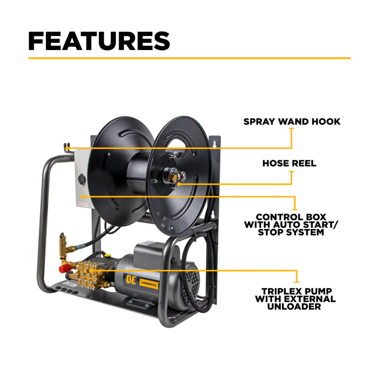 BE Power 1,500 PSI Hot-Water-Capable Wall-Mount Electric Pressure Washer with Baldor Motor
