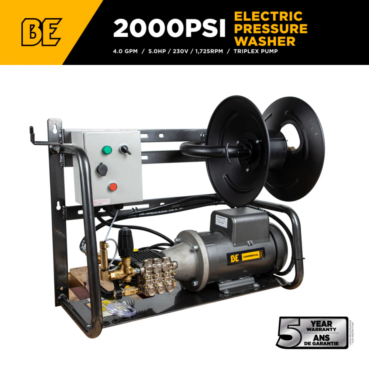 BE Power 2,000 PSI Hot-Water-Capable Wall-Mount Electric Pressure Washer with Baldor 5.0 HP Motor