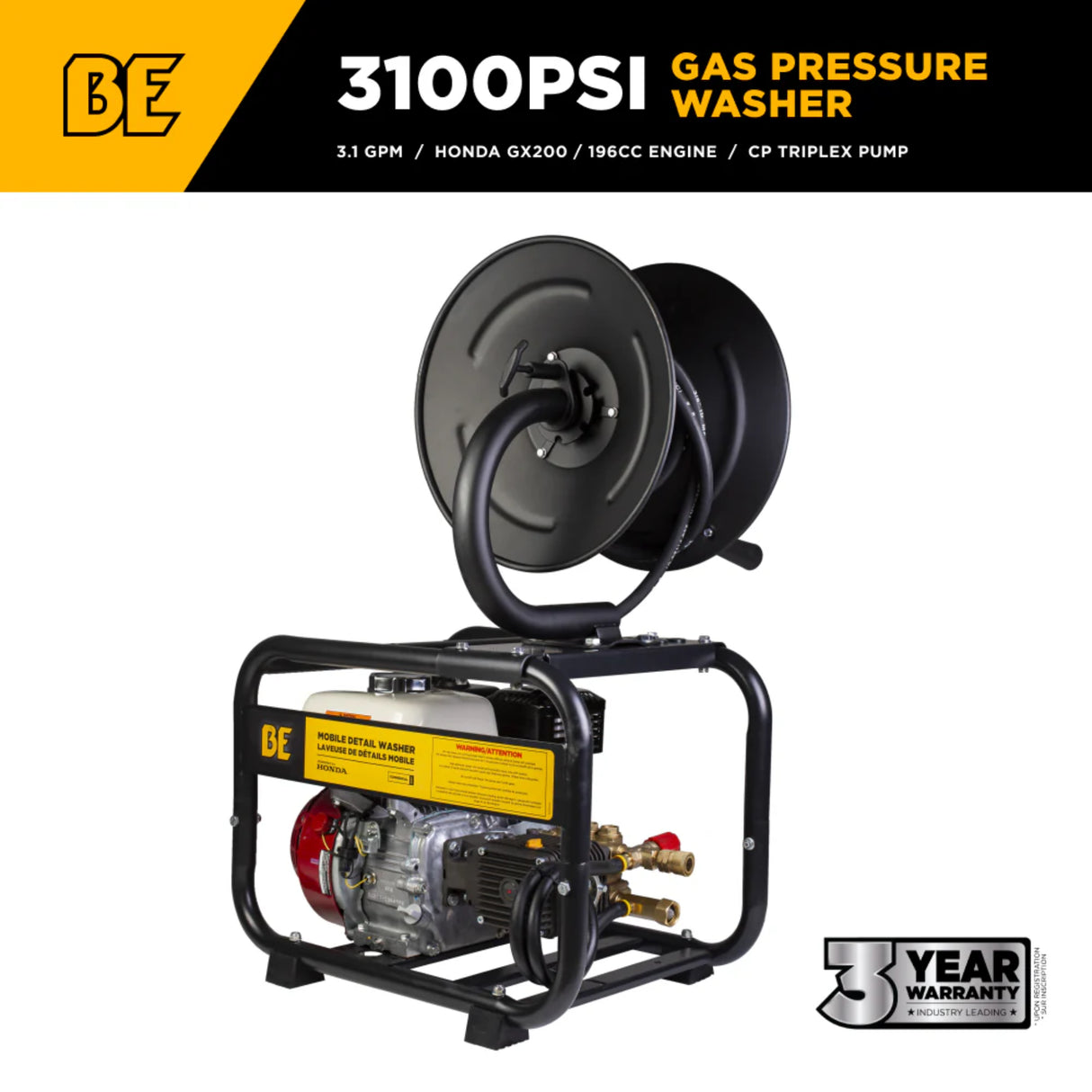 BE Power 3,100 PSI Mobile Detail Pressure Washer with Honda GX200