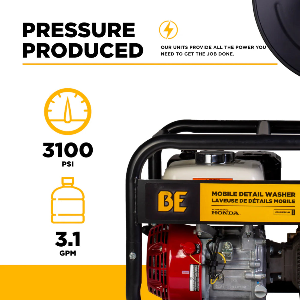 BE Power 3,100 PSI Mobile Detail Pressure Washer with Honda GX200