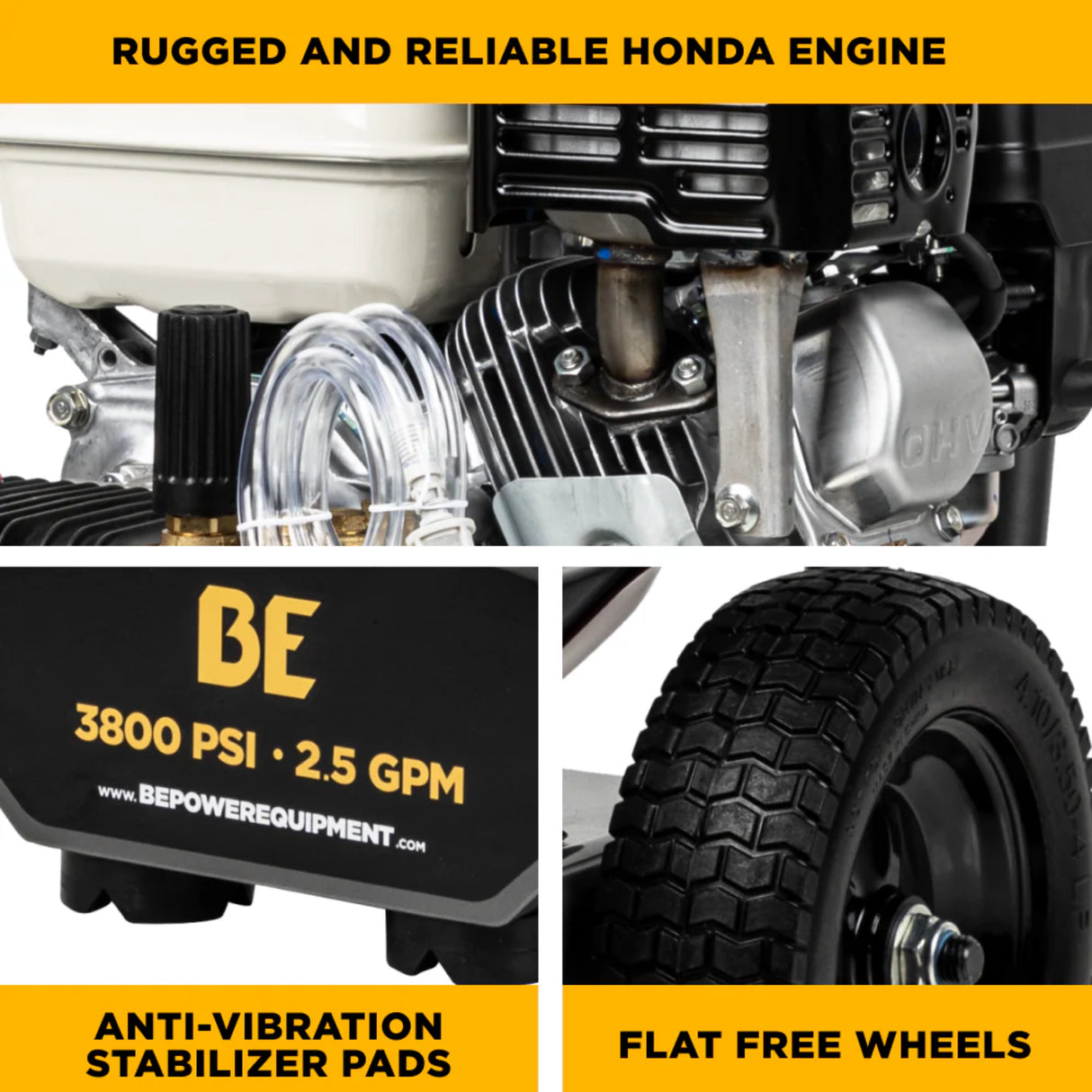BE Power 3,800 PSI Cold Water Gas Pressure Washer with Honda GX200 Engine