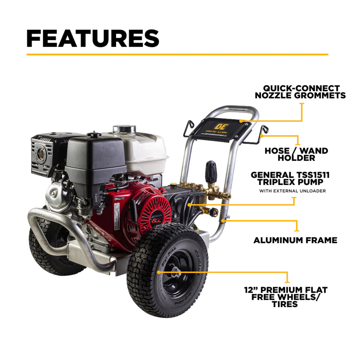 BE Power 4,200 PSI Industrial Wheeled Cold Water Gas Pressure Washer
