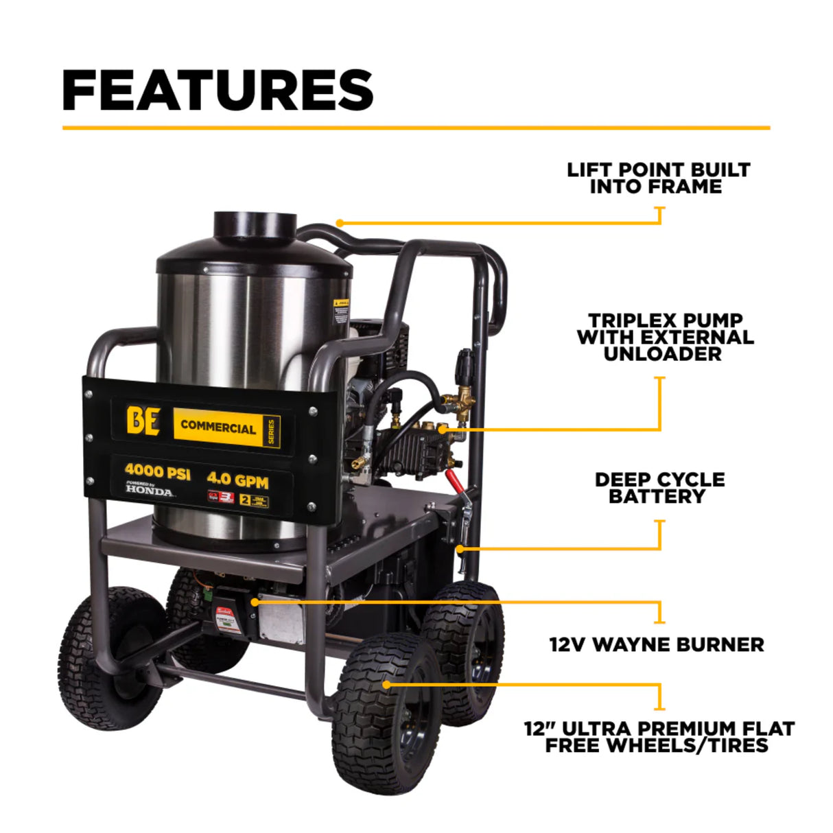 BE Power 4,000 PSI Hot Water Pressure Washer with Honda GX390 Engine