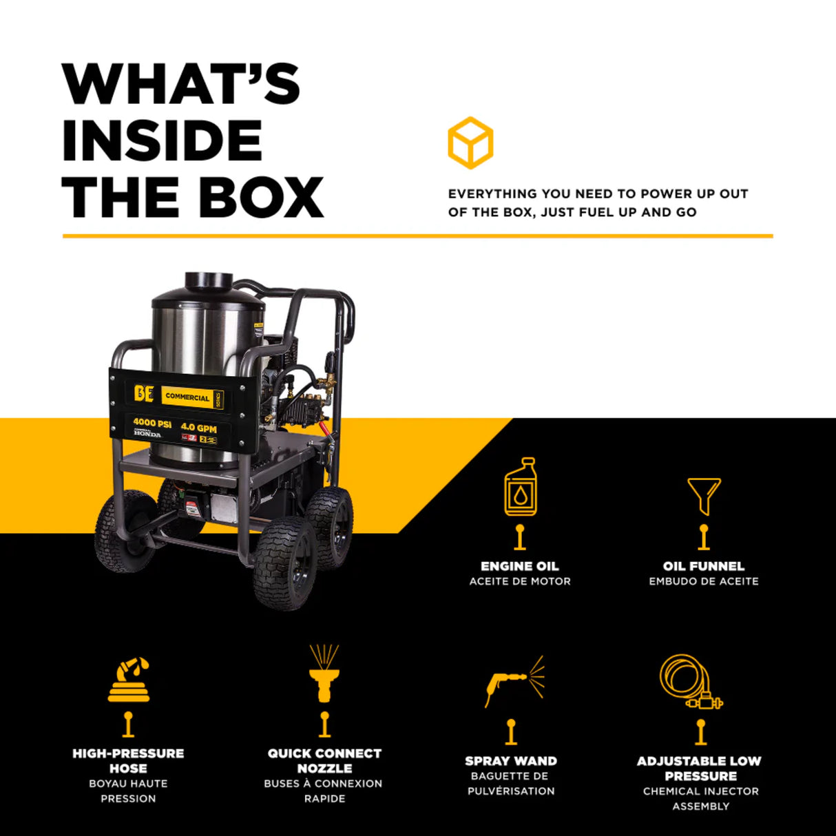 BE Power 4,000 PSI Hot Water Pressure Washer with Honda GX390 Engine