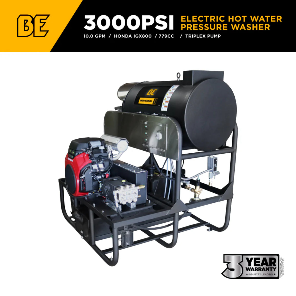 BE Power 3,000 PSI 10 GPM Industrial Truck-Mount Hot Water Pressure Washer