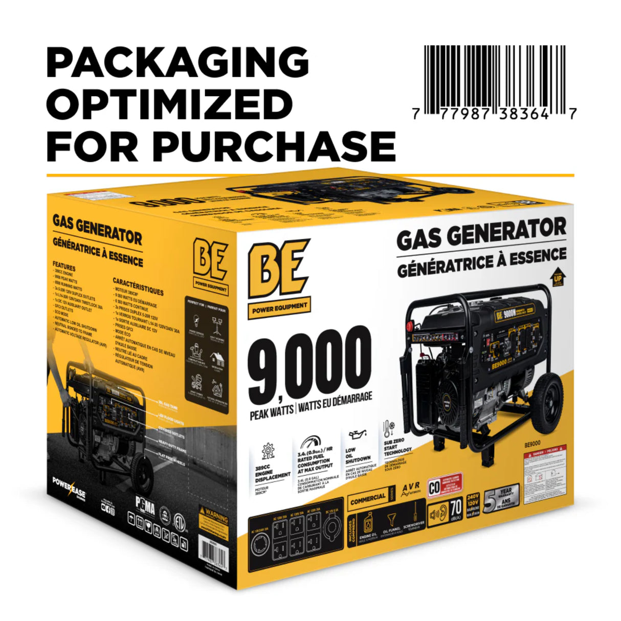 BE Power Equipment 9000W Portable Generator, Powerease 389cc Engine