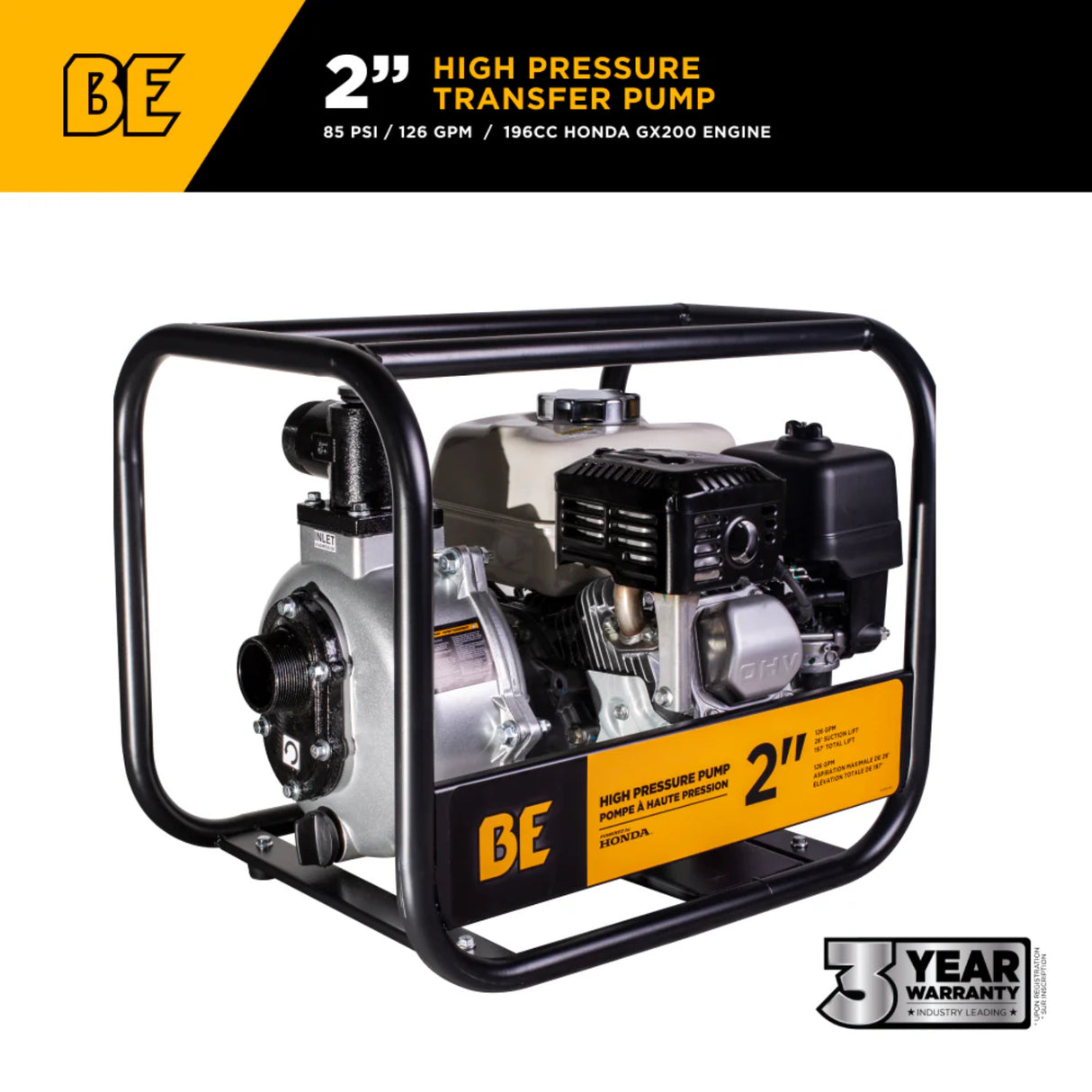 BE Power 2" High-Pressure Water Transfer Pump with Honda GX200 Engine