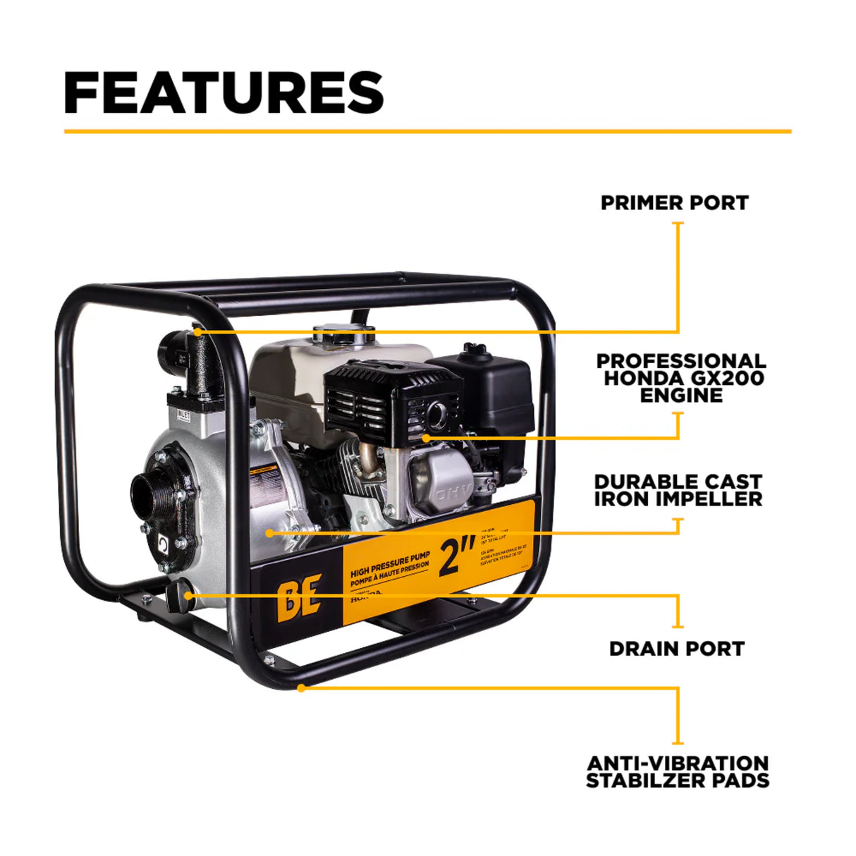 BE Power 2" High-Pressure Water Transfer Pump with Honda GX200 Engine