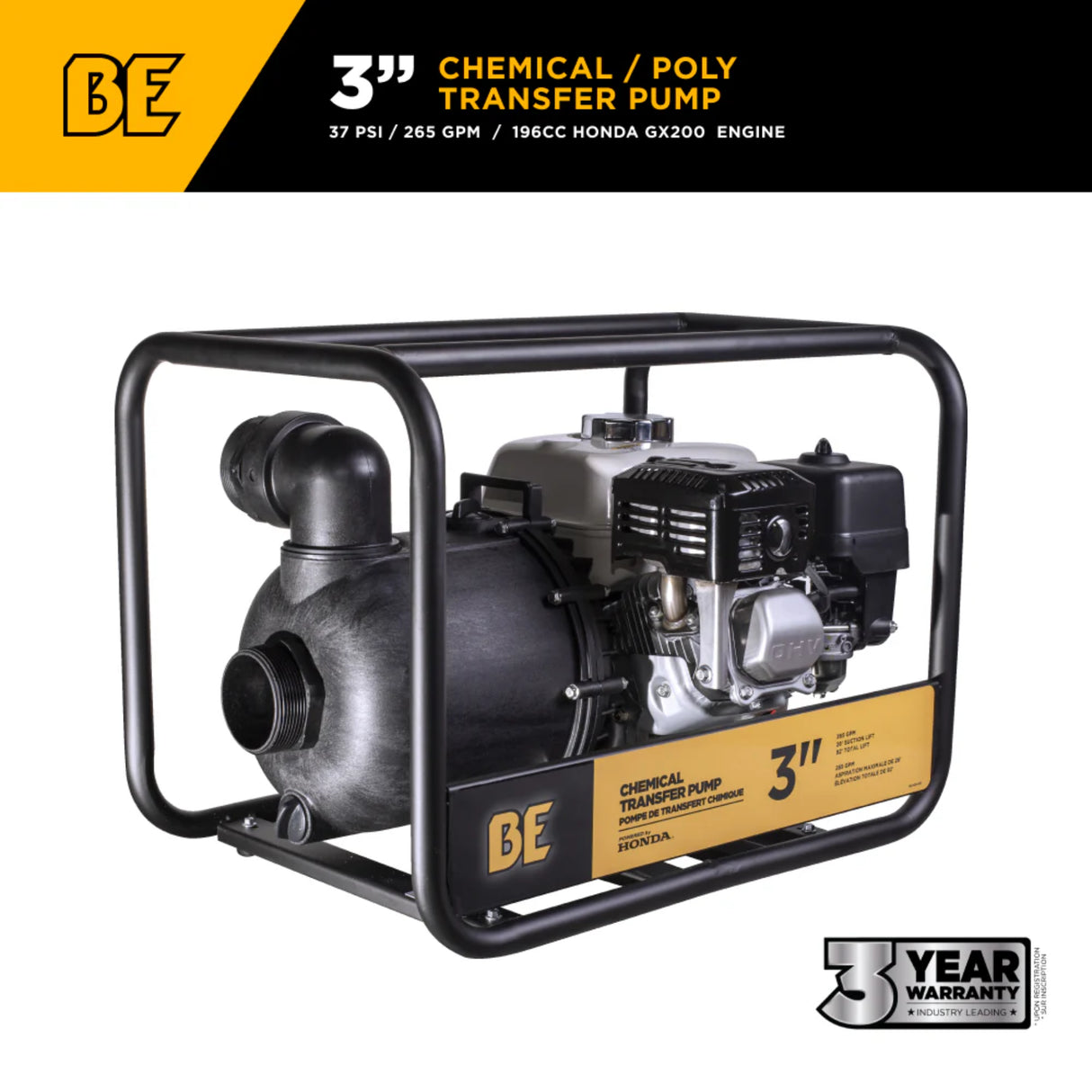 BE Power 3" Gas-Powered Chemical Transfer Pump with Honda GX200 Engine