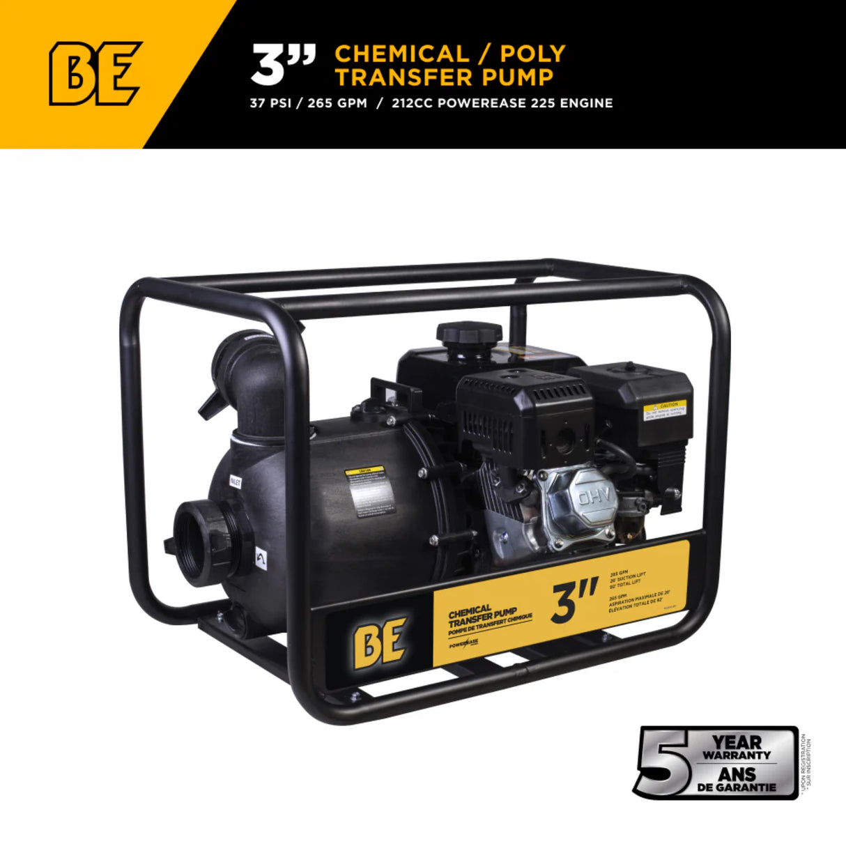 BE Power 3" Gas-Powered Chemical Transfer Pump with Powerease 225 Engine
