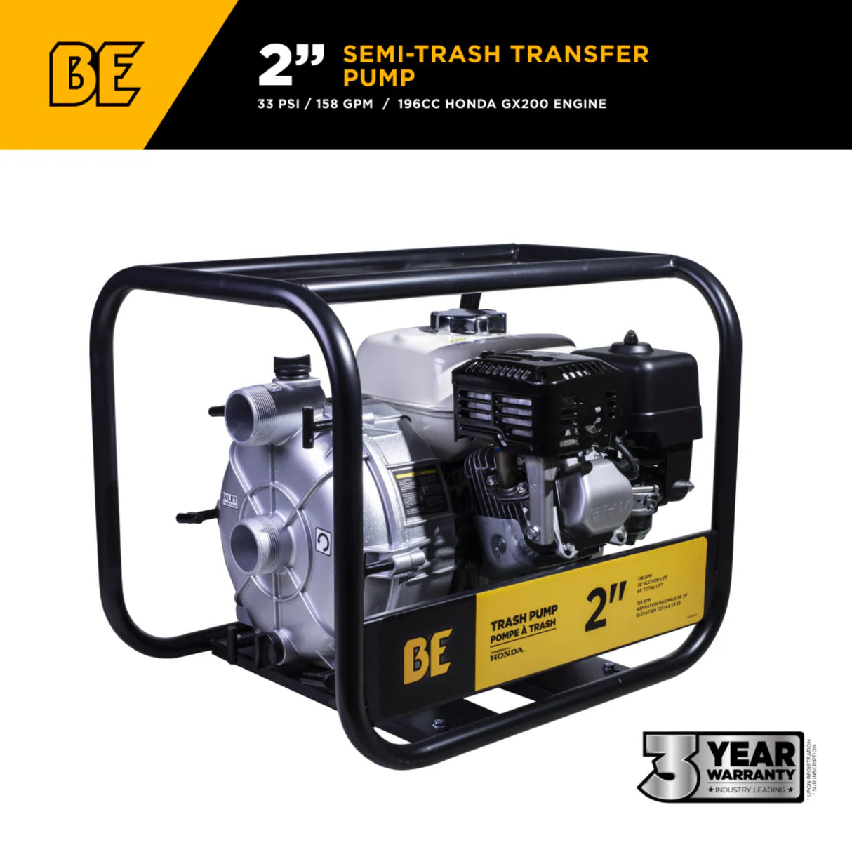 BE Power 2" Gas-Powered Semi-Trash Transfer Pump with Honda GX200 Engine