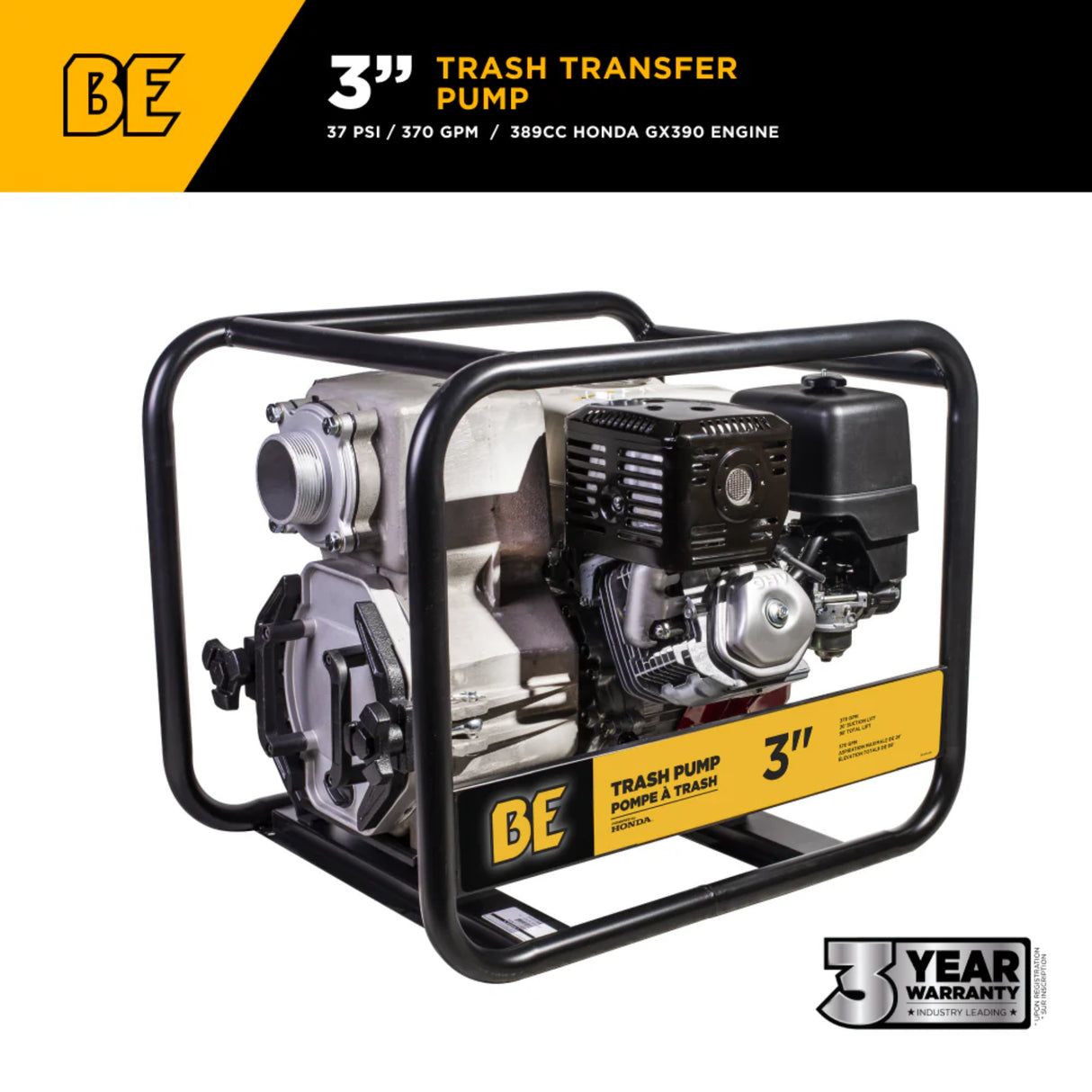 BE Power 3" Gas-Powered Trash Transfer Pump with Honda GX390 Engine