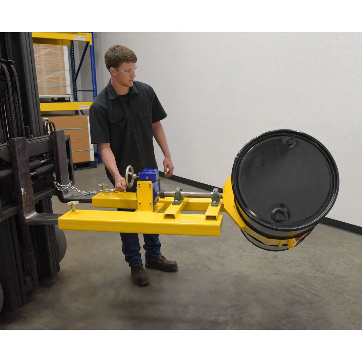 Vestil DCR-RAR-12 Right Angle Drum Carrier & Rotator — Fork-Mounted Hand-Crank Drum Positioner, 1,200 lb Capacity, Steel