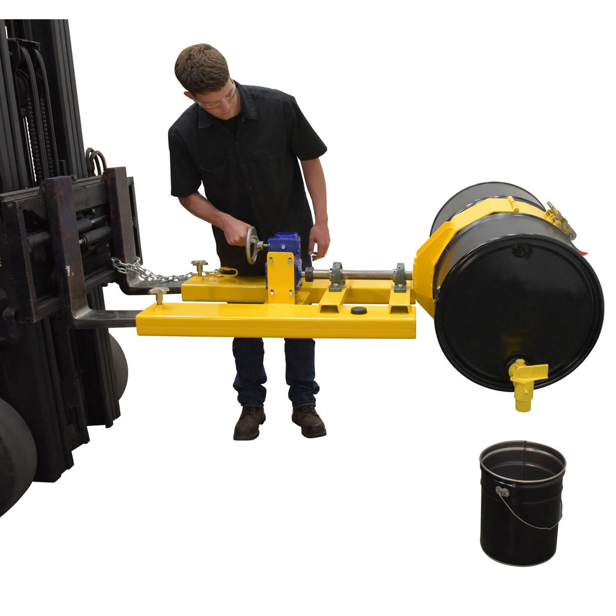 Vestil DCR-RAR-12 Right Angle Drum Carrier & Rotator — Fork-Mounted Hand-Crank Drum Positioner, 1,200 lb Capacity, Steel