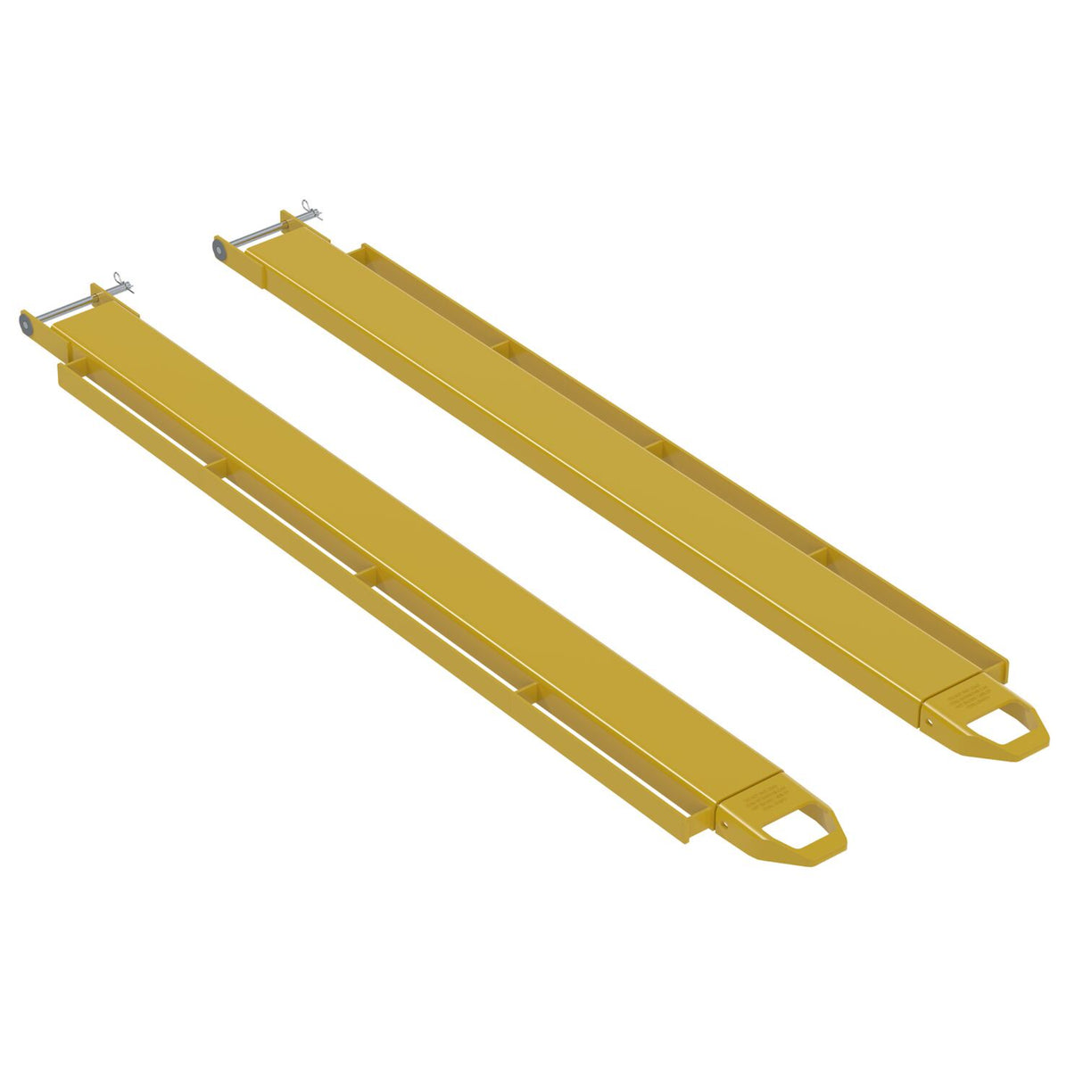Vestil FE-P-LR Pin Style Fork Extensions with Tie-Down Load Rails | 4,000 lb Per Pair, Fits Class 2 & 3 Forks, 4"/5"/6" Width, 72"–96" Length