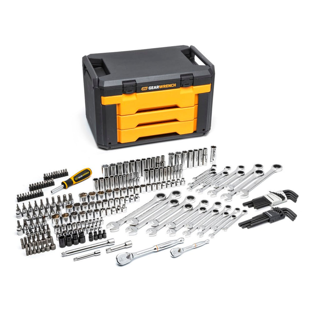GearWrench 80944 232-Pc Mechanics Tool Set — 1/4" & 3/8" Drive, 3-Drawer Storage Box