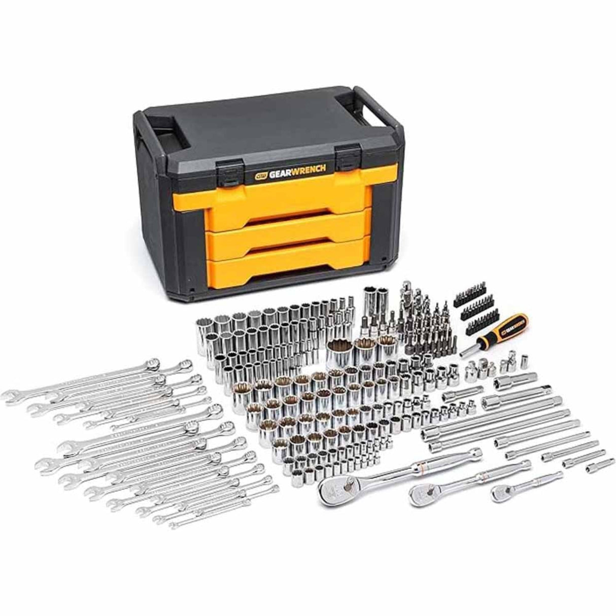 GearWrench 80966 243-Pc 6-Point Mechanics Tool Set — SAE & Metric, 3-Drawer Storage Box
