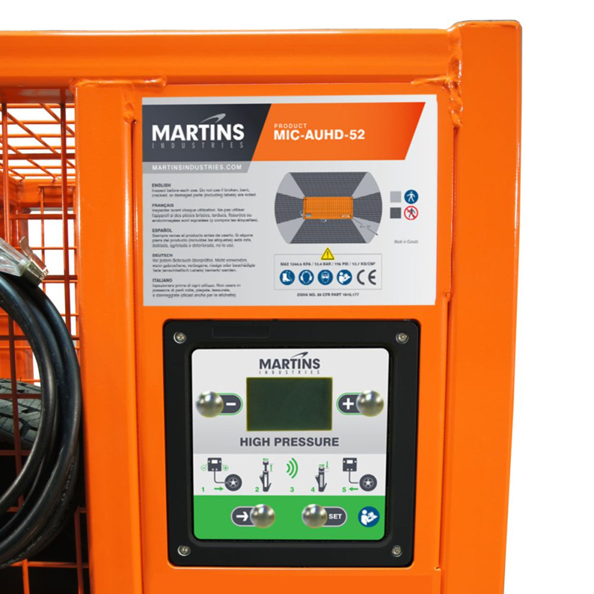 Martins Industries Automatic HD Tire Inflation Cage 82″ (MIC-AUHD-82) – OSHA-Compliant Safety Cage with Built-In 145 PSI Automatic Inflator for OTR, Mining & Earthmover Tires