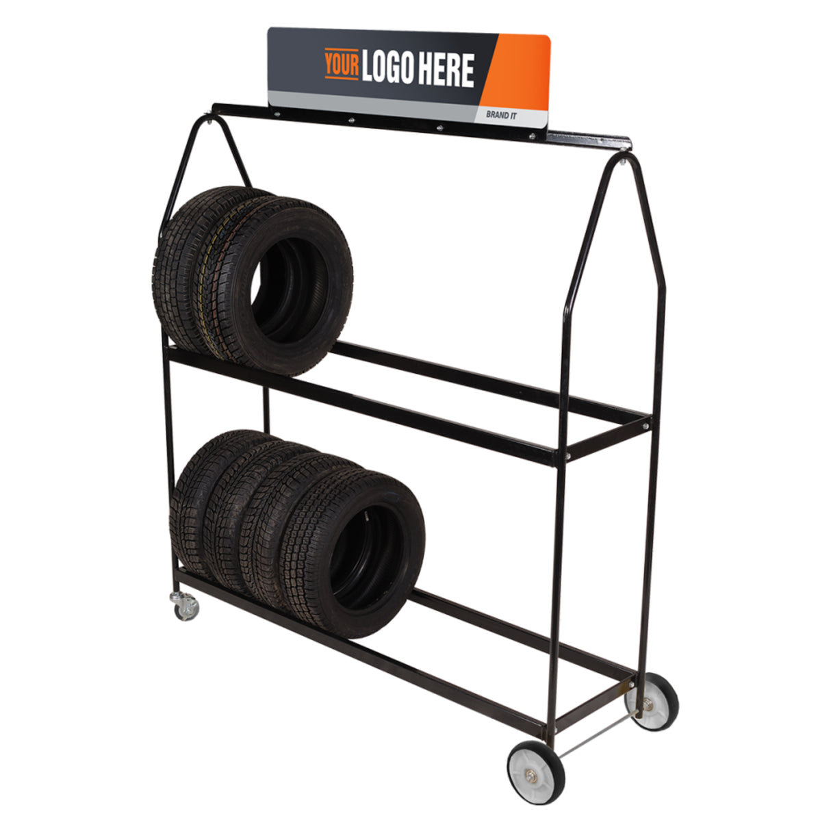 Martins Industries Deluxe Mobile Tire Display Rack (MTD-72) – 2-Tier Rolling Tire Display, Holds up to 16 Tires, 23″–32″ OD, Custom Logo Header