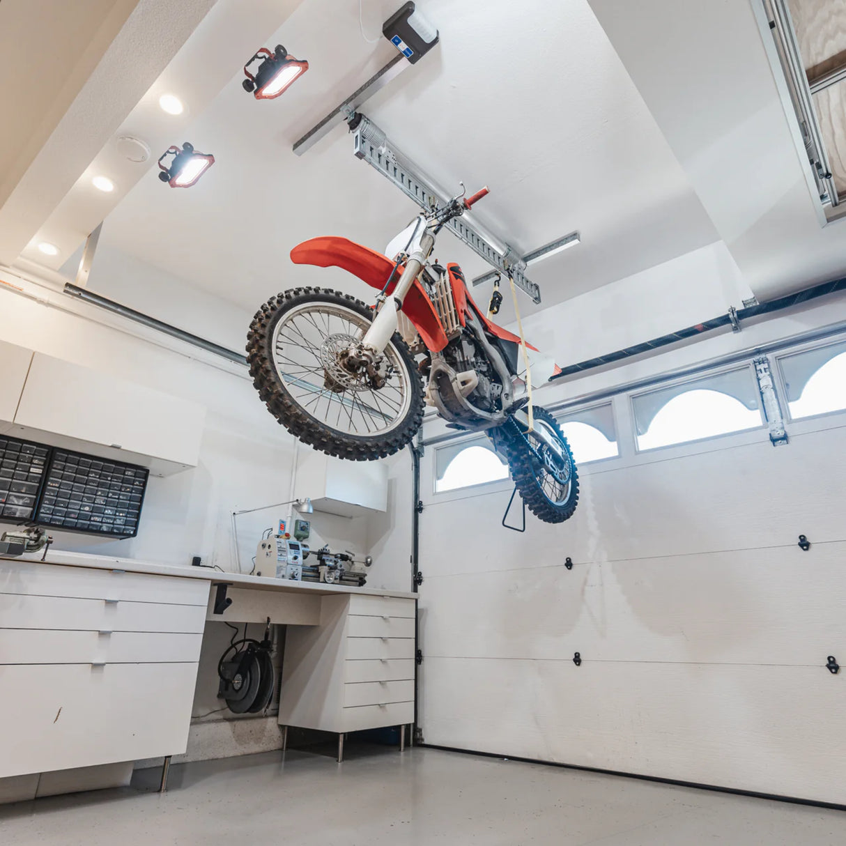 Auxx-One Single-Motor Garage Ceiling Storage Lift – 400 lb Motorized Hoist for Bikes, Kayaks, Jeep Tops & Truck Caps, Made in USA