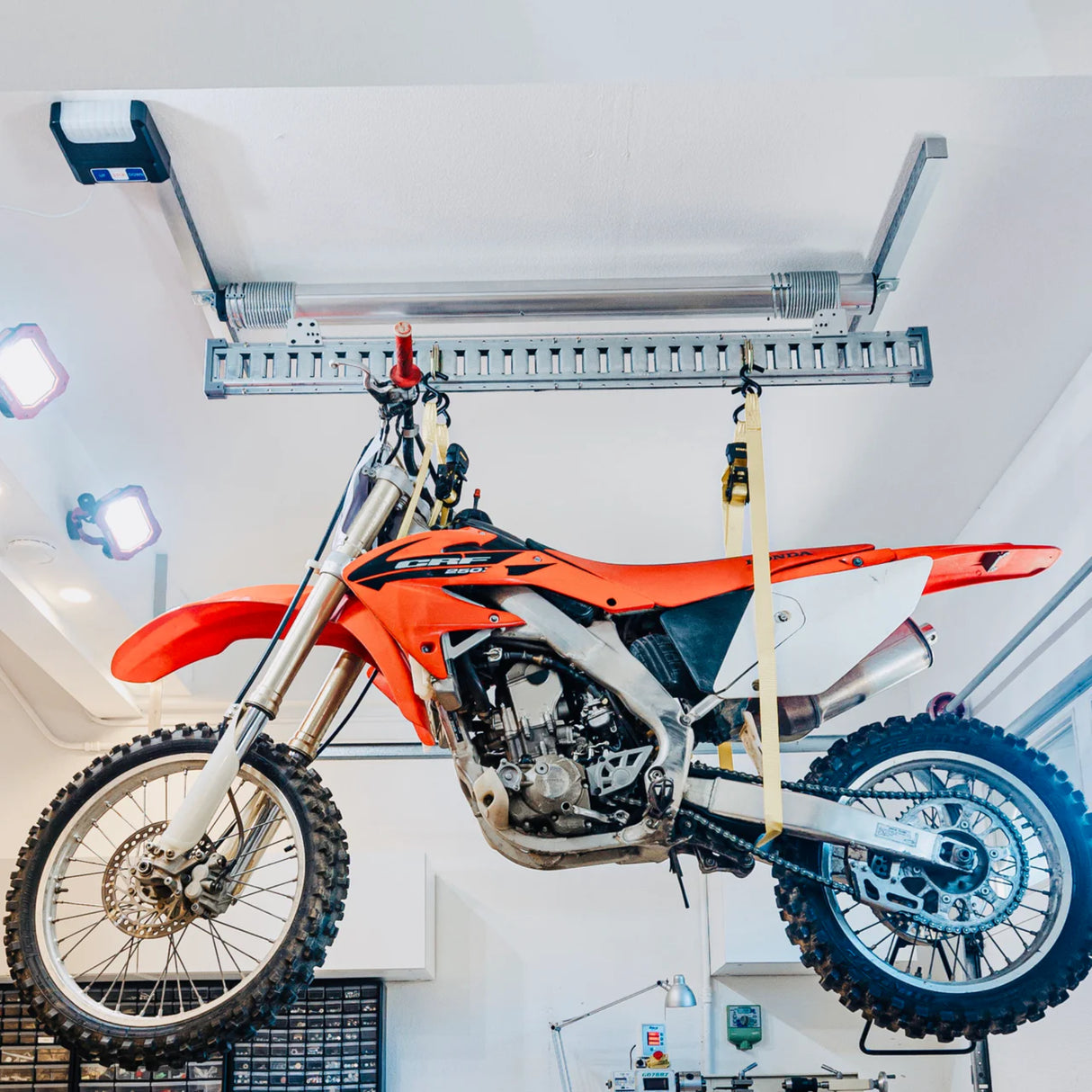 Auxx-One Single-Motor Garage Ceiling Storage Lift – 400 lb Motorized Hoist for Bikes, Kayaks, Jeep Tops & Truck Caps, Made in USA