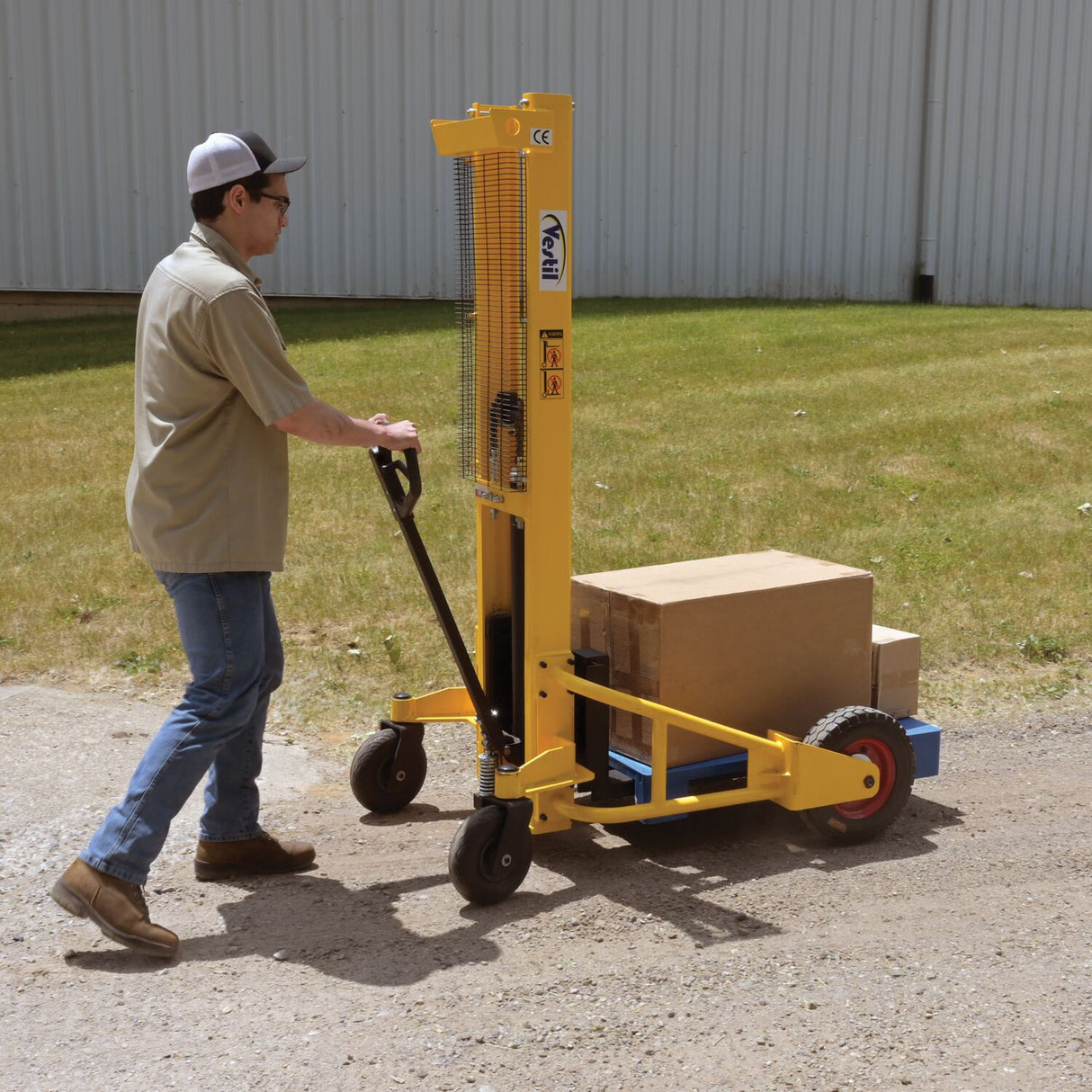 Vestil RT-NMS-60-AF Narrow Manual Rough Terrain Stacker | 1,500 lb Capacity, 59" Lift, Hand Pump Hydraulic, Rubber Tires for Tight Outdoor Spaces