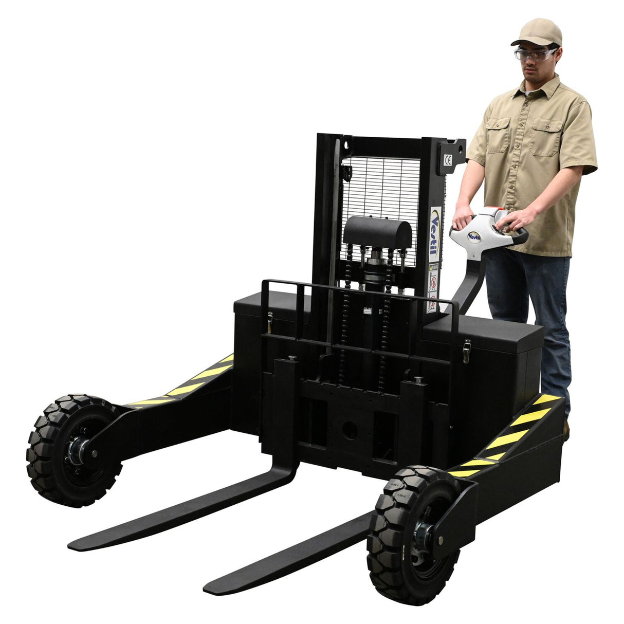 Vestil RT-S Powered Rough Terrain Stacker | 3,000 lb Capacity, 35" or 62" Lift, Rubber Tires for Uneven Surfaces, Adjustable Forks