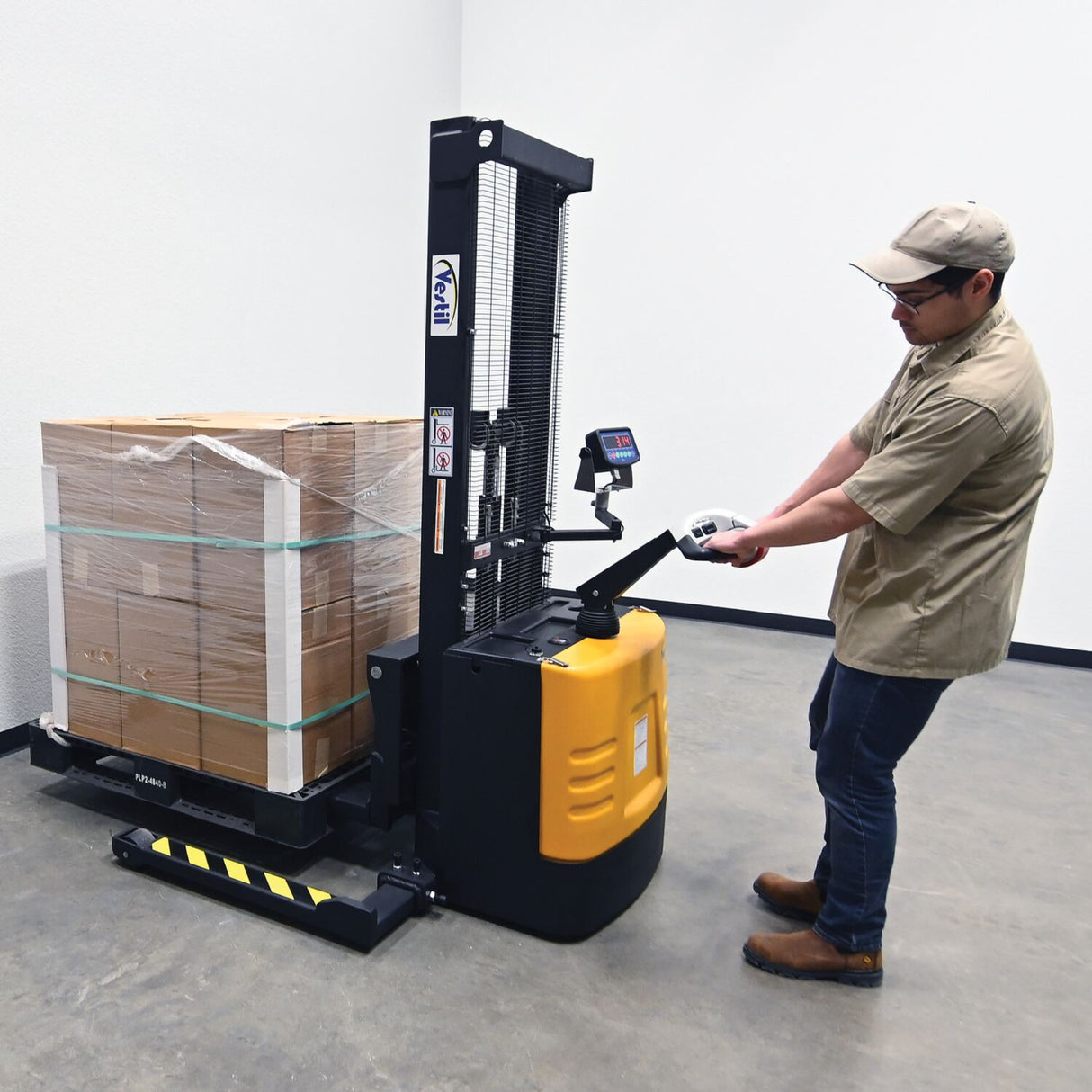 Vestil S-62-AA-SCL Adjustable Powered Stacker with Built-In Scale | 2,000 lb Capacity, 62" Lift, Digital Weighing, Adjustable Forks