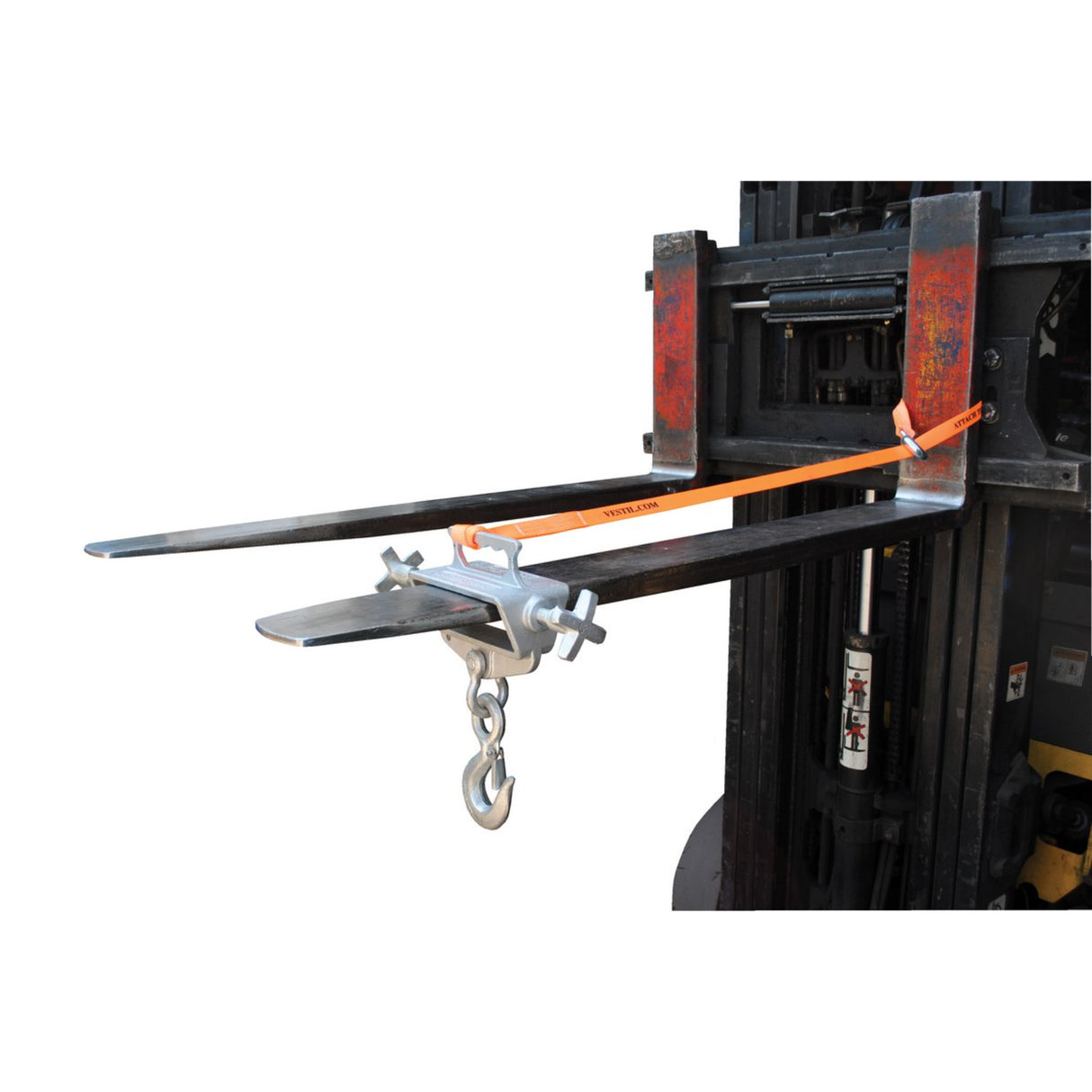 Vestil D-FORK / S-FORK Forklift Hoisting Hook — Fork-Mounted Crane Hook with Shackle & 48" Safety Restraint, 4,000–10,000 lb