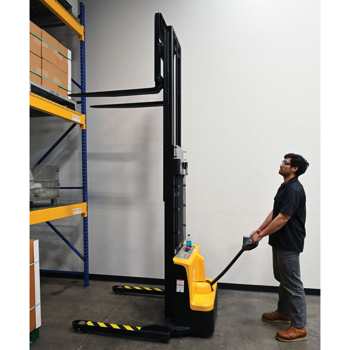 Vestil S2 Variable Speed Drive Double Mast Fully Powered Stacker | 2,200 lb Capacity, 118" Lift, Adjustable Forks, 24V Electric