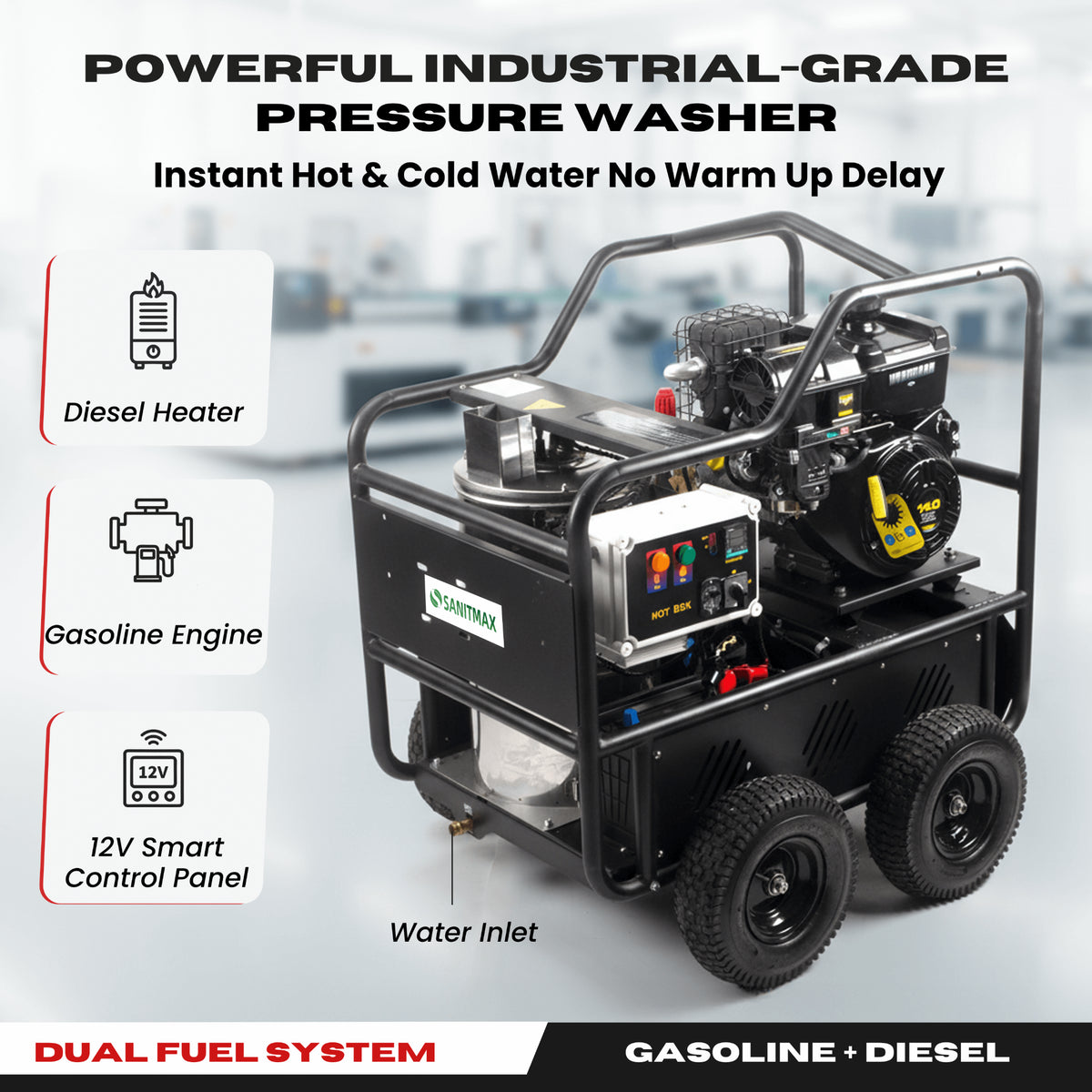Sanitmax SM4000 Hot & Cold Water Gas Pressure Washer, 4,000 PSI, 4.0 GPM, Diesel Heated, Professional Contractor System