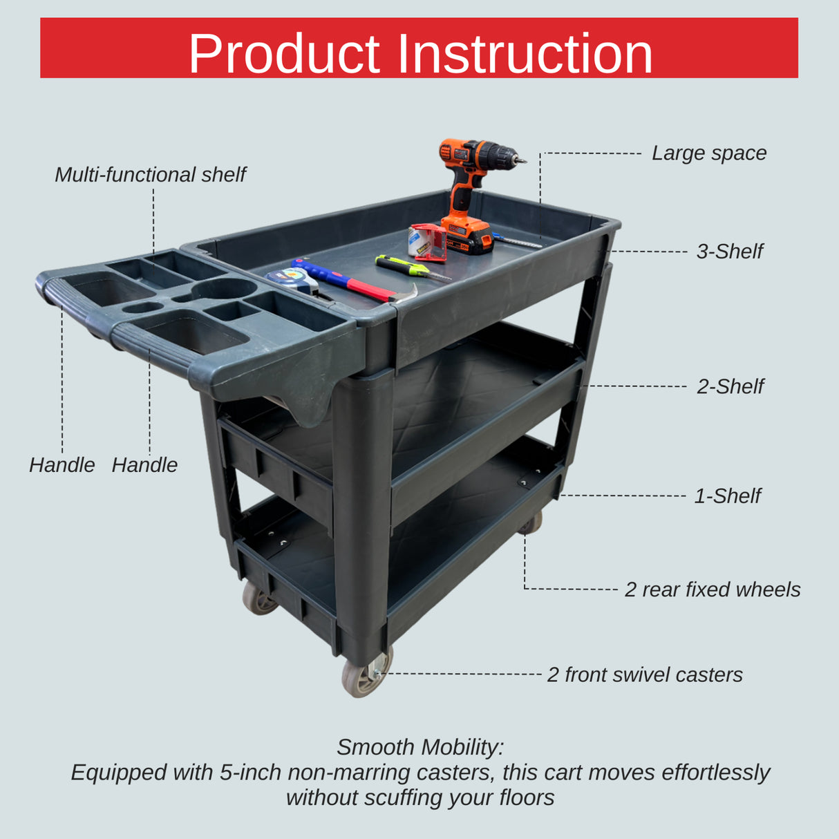 Sunmax SC2500/SC3500 Heavy Duty Rolling Utility Service Cart, HDPE Shelves, 5" Caster Wheels