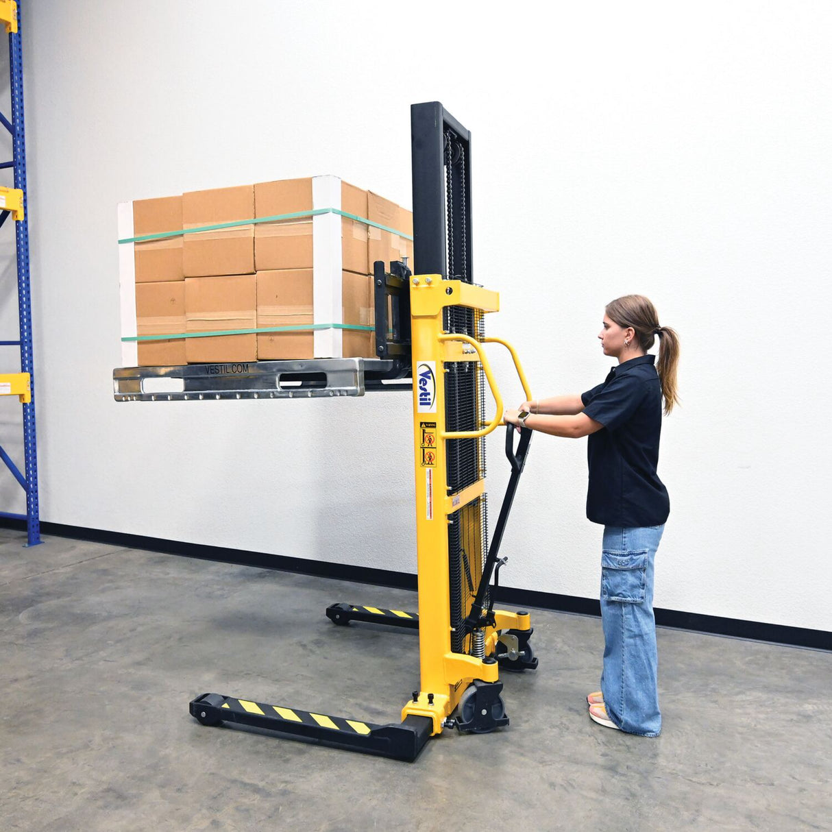 Vestil VHPS-2200-AA Premium Manual Hand Pump Stacker | 2,200 lb Capacity, 98.5" Lift Height, Dual Foot & Hand Pump Action