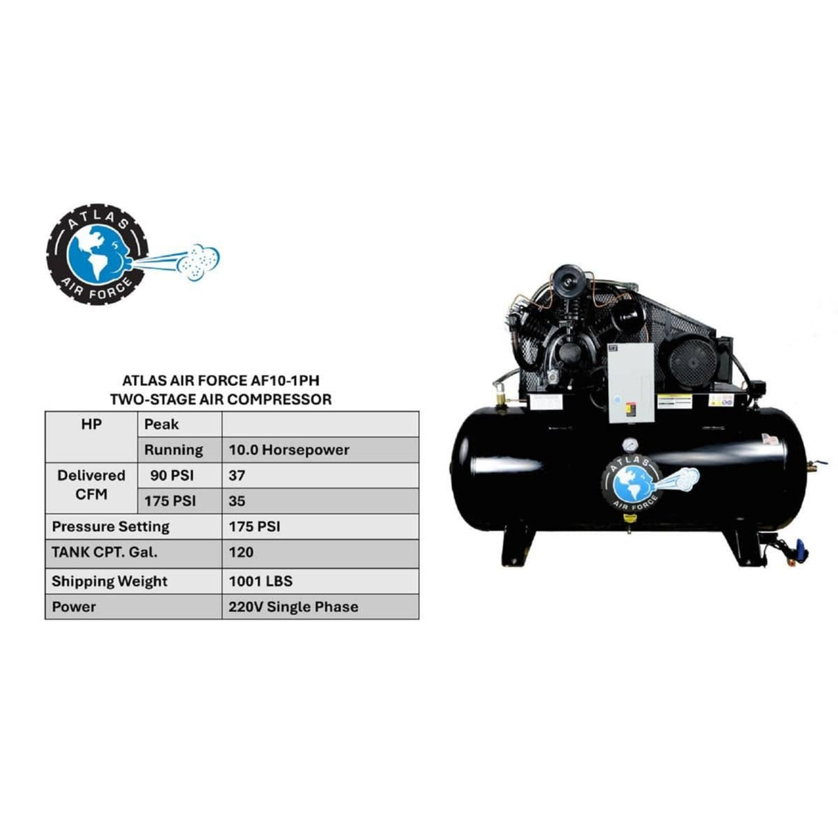 Atlas Air Force AF10-1PH 10HP 120-Gallon Air Compressor