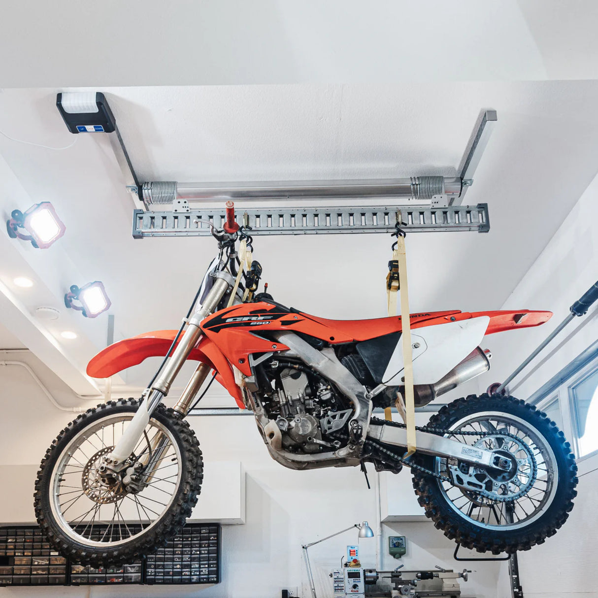 Auxx-One Single-Motor Garage Ceiling Storage Lift – 400 lb Motorized Hoist for Bikes, Kayaks, Jeep Tops & Truck Caps, Made in USA
