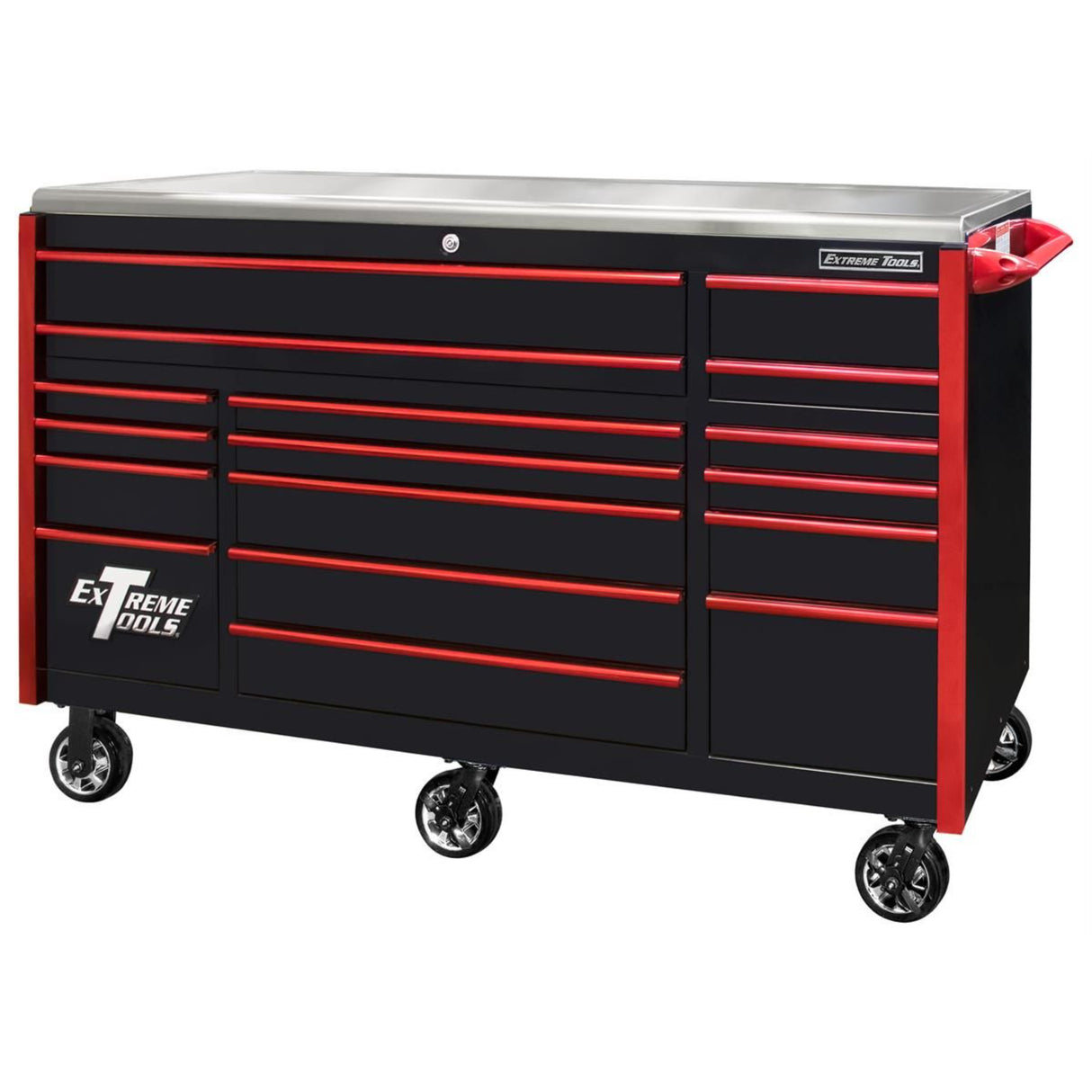 Extreme Tools EX Series 72in 17-Drawer Triple Bank Roller Cabinet, Black/Red