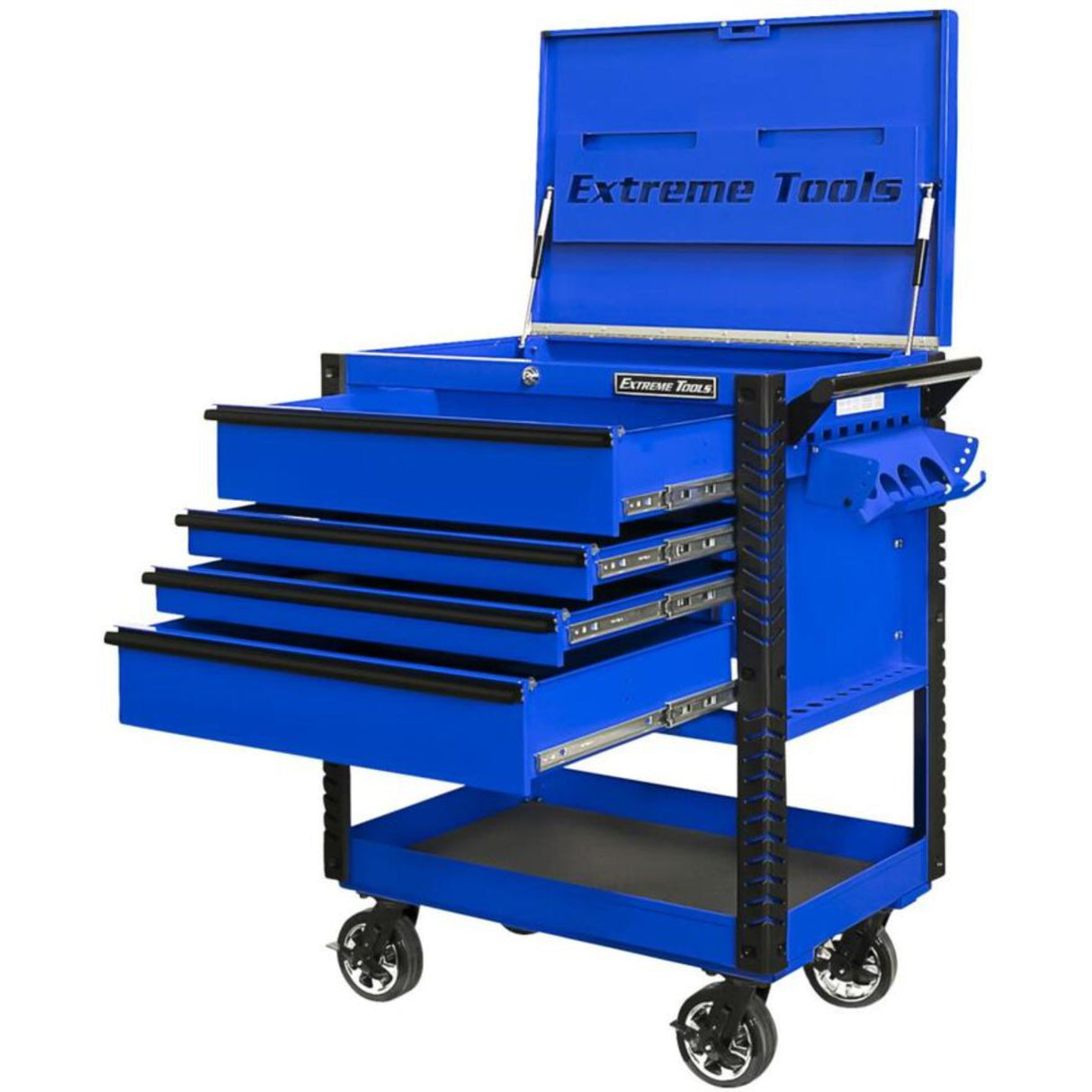 Extreme Tools 33in 4-Drawer Deluxe Tool Cart with Bumpers, Blue/Black