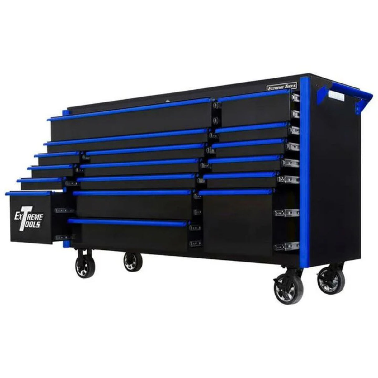 Extreme Tools EX Series 72in 17-Drawer Triple Bank Roller Cabinet, Black/Blue