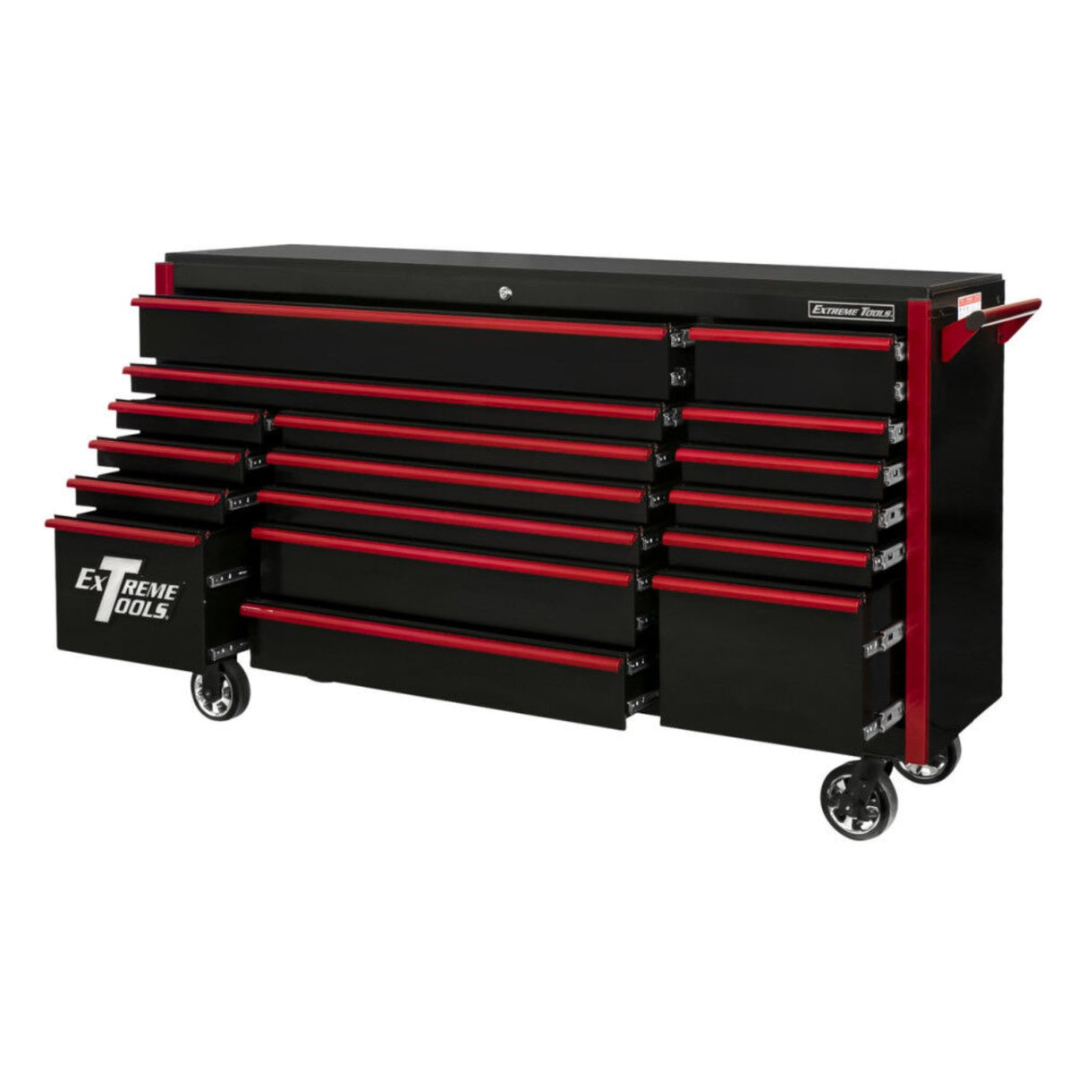 Extreme Tools EX Series 72in 17-Drawer Triple Bank Roller Cabinet, Black/Red