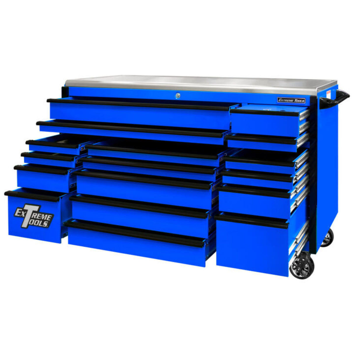 Extreme Tools EX Series 72in 17-Drawer Triple Bank Roller Cabinet, Blue/Black