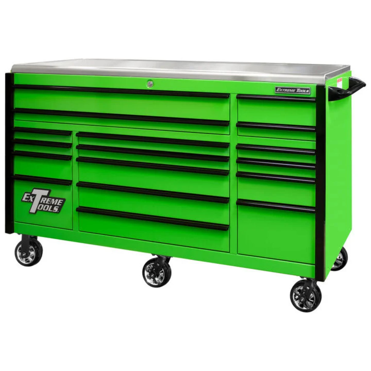 Extreme Tools EX Series 72in 17-Drawer Triple Bank Roller Cabinet, Green/Black
